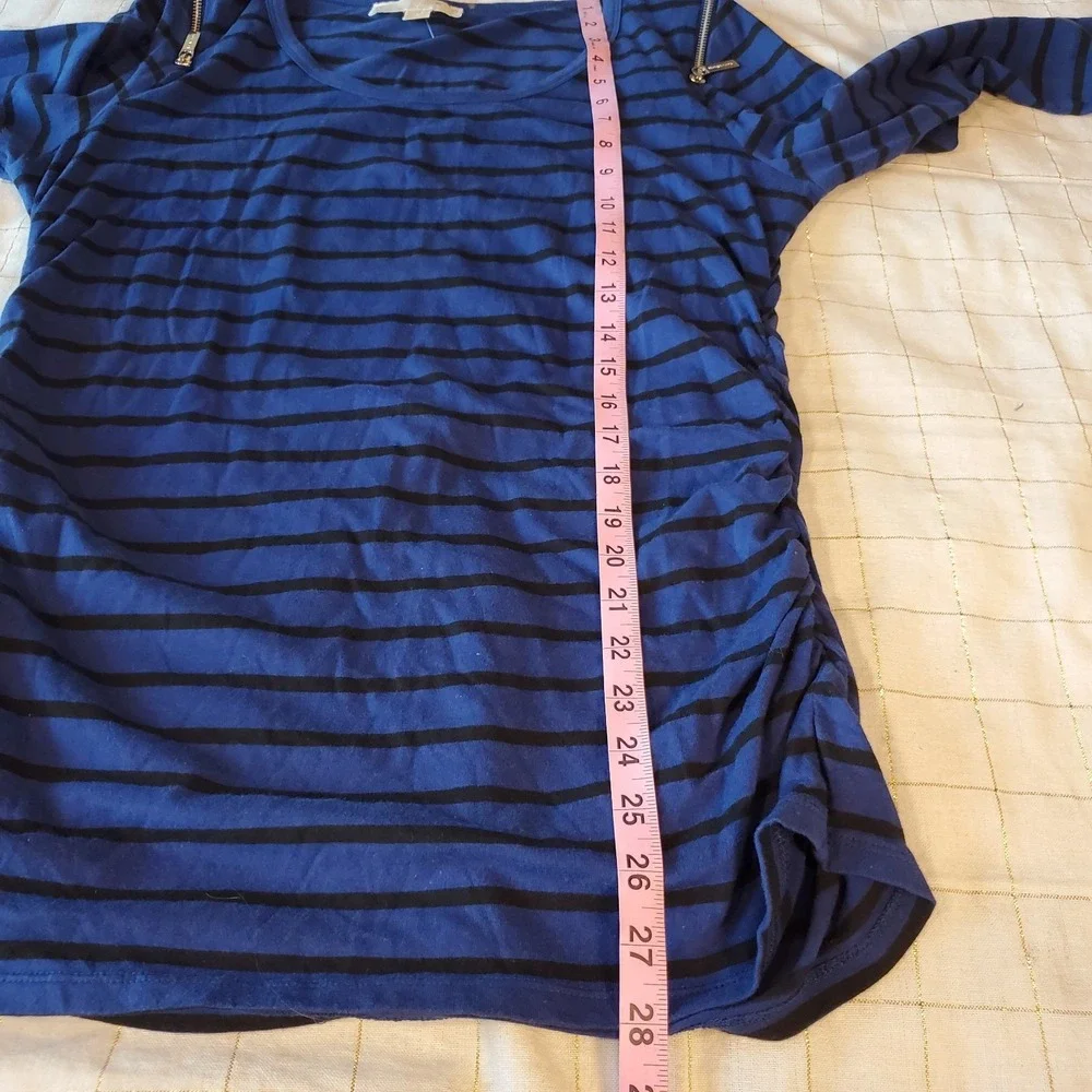 Michael Kors  3/4 Sleeve Round Neck Ruched Sides Top Size L Navy‎ Black Striped